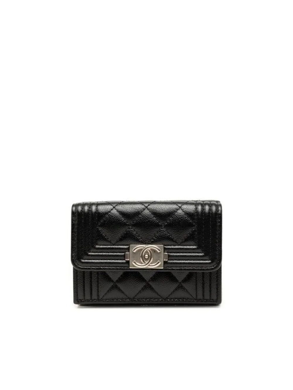 Chanel Boy CC Logo Small Mini Wallet Trifold Flap Black Caviar Leather